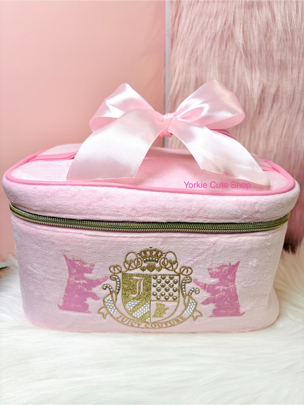 NWT Juicy Couture Pink Rhinestone Scottie Dog Cosmetic Bag with Satin Bow